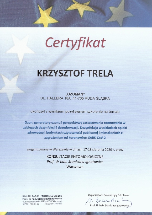 Certyfikat kursu ozonowania OzoMan